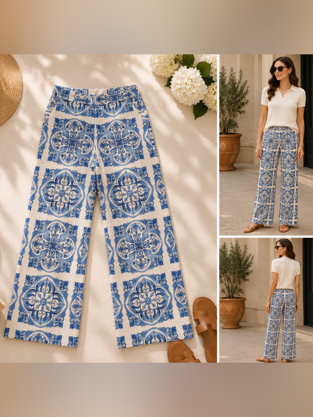 MESTIZA- floral tile Greek blue white Pants NWT